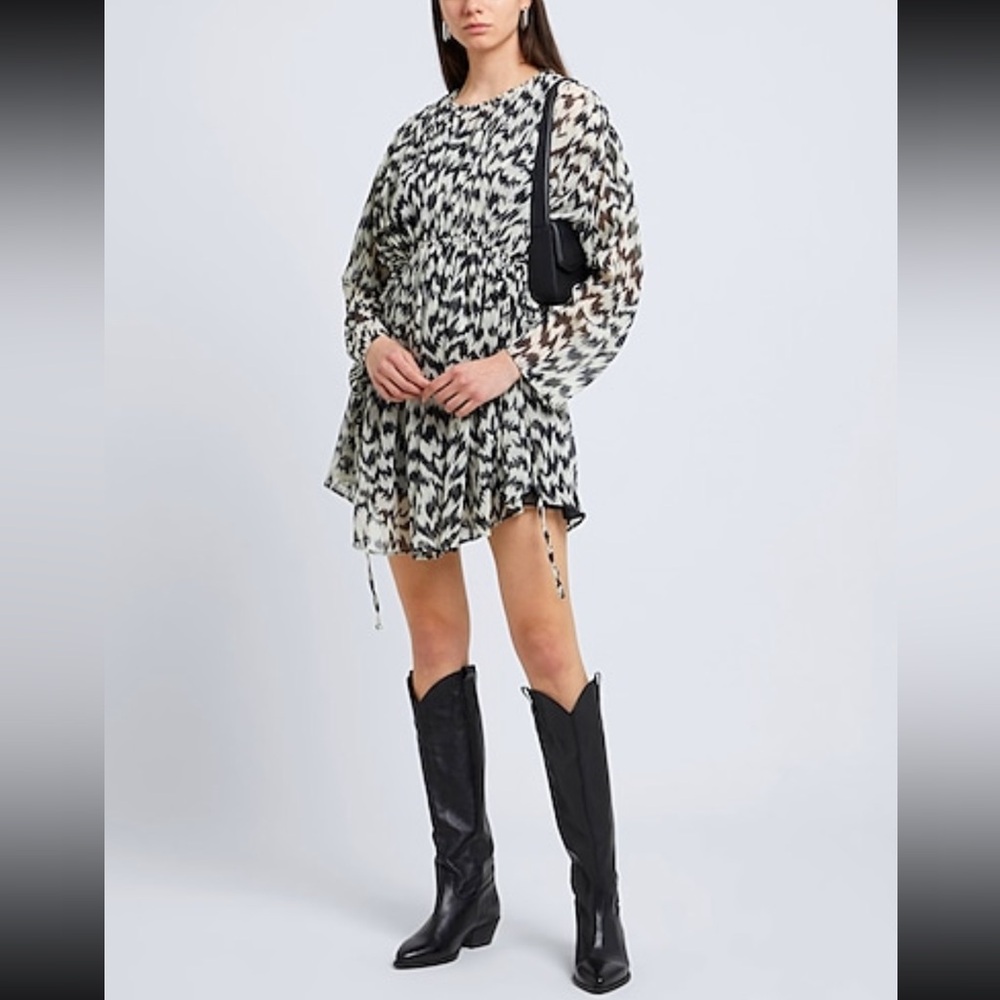 Topshop Oversized Gathered Channel Waisted Printed Mini Dress In B&W Size 8-10